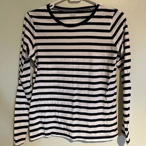 Madewell long sleeve navy and white striped shirt.